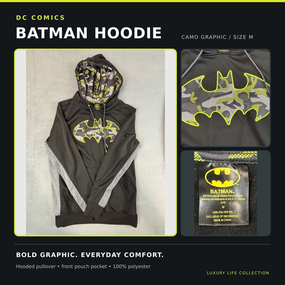 Batman Mens Camo Logo Performance Fleece Hoodie Black Gray Neon Yellow Medium